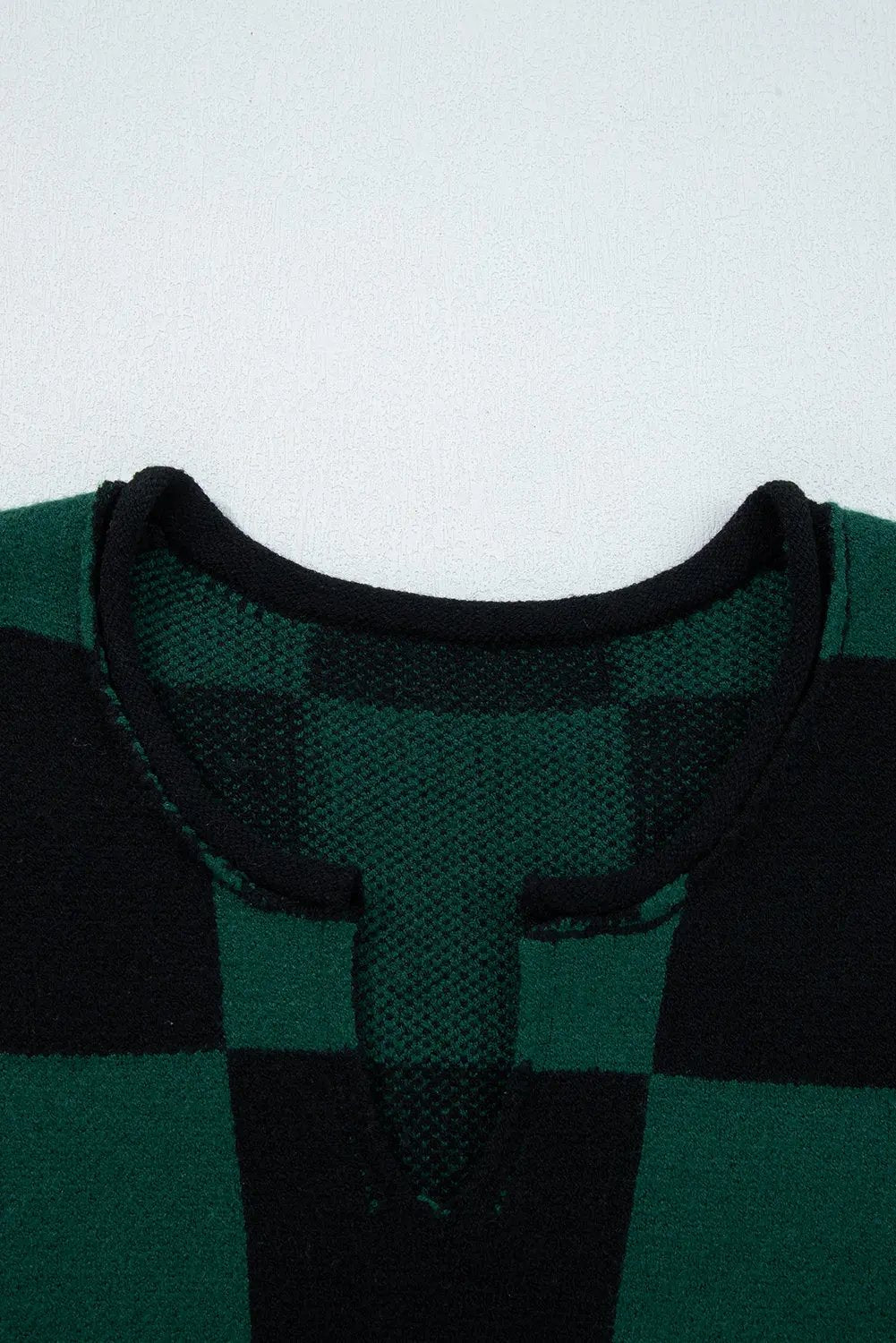 Premium Green Checked Notched Neckline Drop Shoulder Knit Sweater Dear-Lover Dropshipping